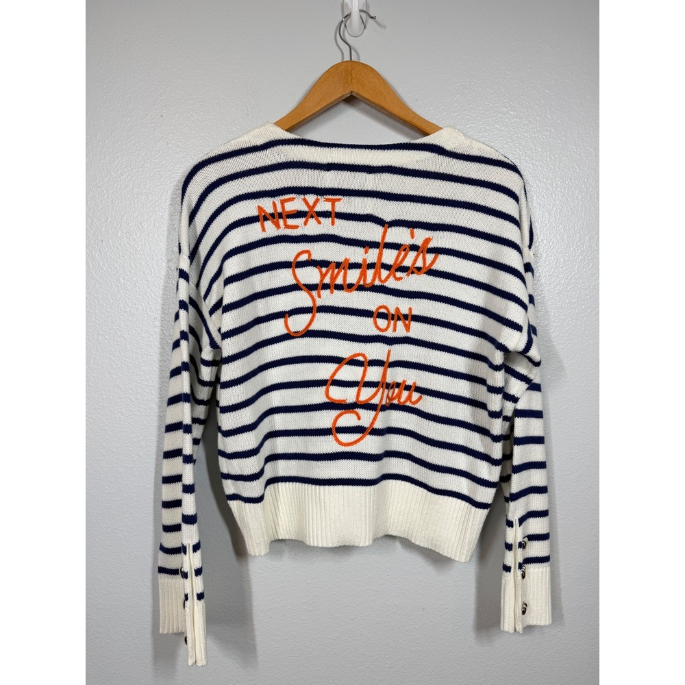 Kerri Rosenthal Sweater Women's S White Blue Stripe Next Smile's On You Buttons